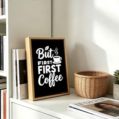 Black White Quote Farmhouse Cafe Wooden Box Sign 8x12 Inch - color: But First Coffee