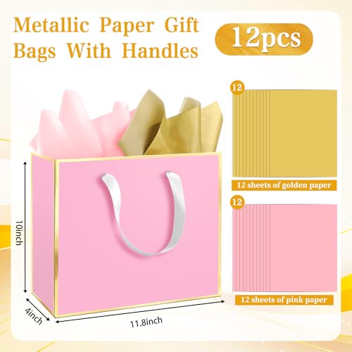 Epoesch 12 Pack Fancy Pink Gift Bags with Handles & 24 Tissue Papers - color: Pink Gold
