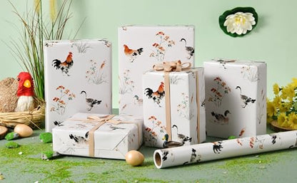 Sikiweiter Ink Painting Farm Animal Wrapping Paper Roll, 17 Inch x 16.5 Feet, Watercolor Duck and Rooster Gift Wrap with Floral Grass Design, Rustic Farmhouse Wrapping Paper for Birthday, Baby Shower, Spring Gifts(Chickens and Ducks) - color: Chickens and