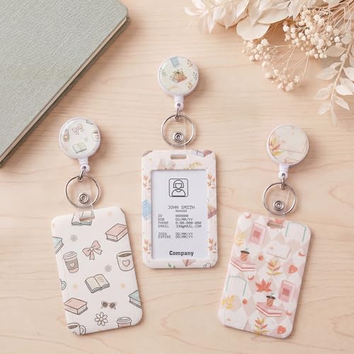 3 Pack Retractable Badge Holder Set, Book Pattern, Vertical Id Holder - color: Book Pattern