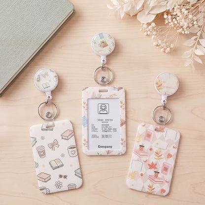3 Pack Retractable Badge Holder Set, Book Pattern, Vertical Id Holder - color: Book Pattern