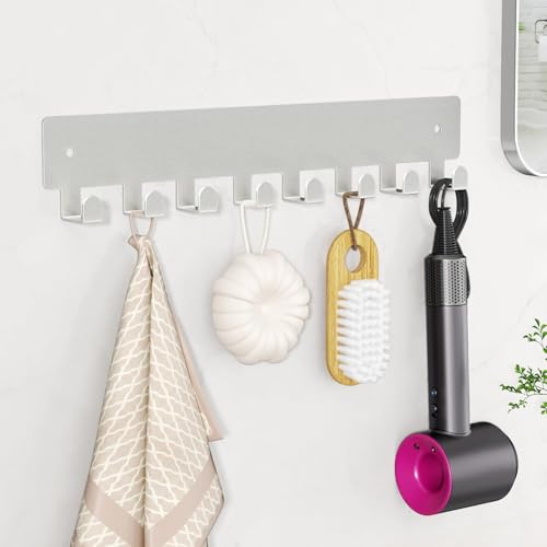 pickpiff Sliver Key Holder for Wall Adhesive, Key Hooks with 8 Hooks, No Drill for Living Room, Kitchen, Office - color: Sliver