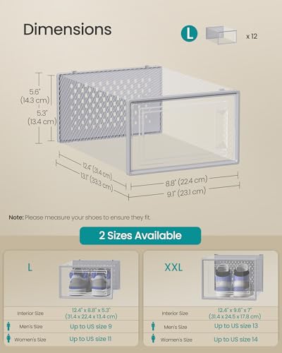 SONGMICS Shoe Boxes, Clear Plastic Sneaker Box, Pack of 12 - color: Transparent + Gray, size: L-12pcs