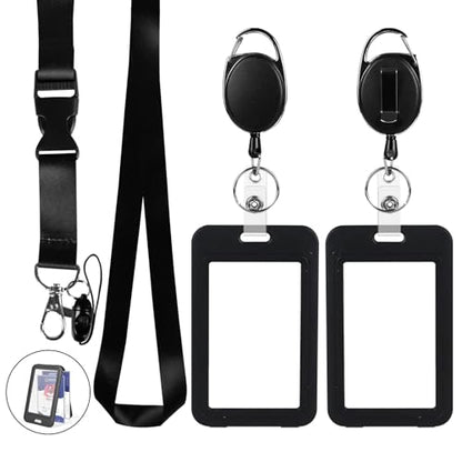 Clear Double Sided Visualization Window Vertical Plastic ID Name Card Holders,Retractable Badge Reels and Lanyard,for Key Card Conference Licenses Passes Nurses Coach Employees School and Office - color: Black-4, size: 2 Clear Holders, 2 Oval Reels, 1 Lan