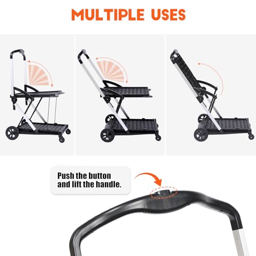 2 Tier Folding Shopping Carts, Multipurpose Rolling Trolley with 360 Rolling Swivel Wheels & Storage Crate, Rolling Organizer for Groceries, Warehouse,Outdoor, 2 Cargo Boxes