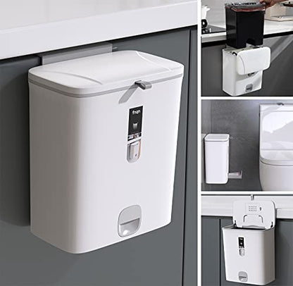 Sooyee Trash Can with Lid,2.4 Gallon Small Trash Can,Hanging or Standing Plastic Compost Bin for Cupboard/Bedroom/Office/Camping/Kitchen/Bathroom,Waste Basket,White