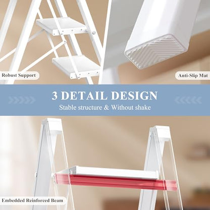 4 Step Ladder, Foldable Aluminum Step Stool with Anti-Slip Pedal - color: White, size: 4 Step