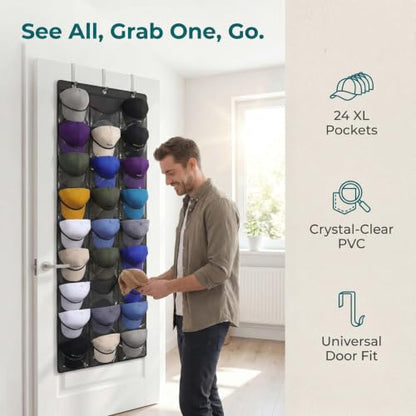 Baseball Cap Rack, Door-Mounted Cap Rack, Wall-Mounted Cap Rack, 24 Pockets, Polyester