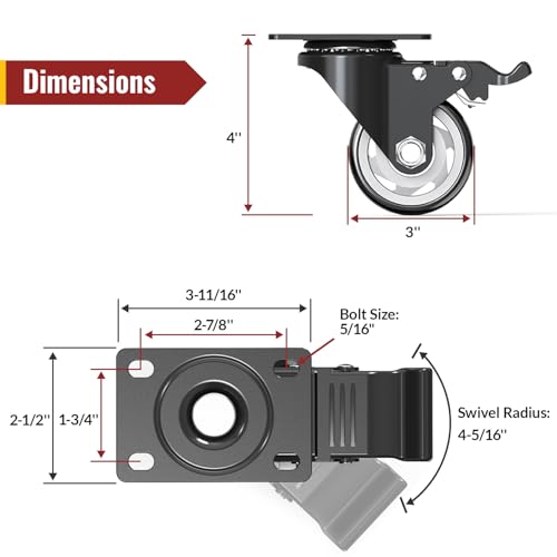 HOLKIE 3 Inch Heavy Duty PP Swivel Casters, Dual Brake, 4 Pack - style: 3"