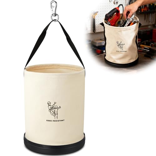 1 Pack 15" x 12" Canvas Tool Bucket Bag, Heavy Duty 150 Lbs Load Capacity, Truck Tool Organizer with Plastic Bottom Metal Hook for Linemen Electricians & Construction Workers (White) - color: White