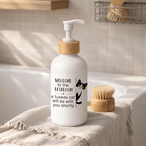 Tuxedo Cat Bathroom Glass Soap Dispenser with Pump - color: Tuxedo Cat