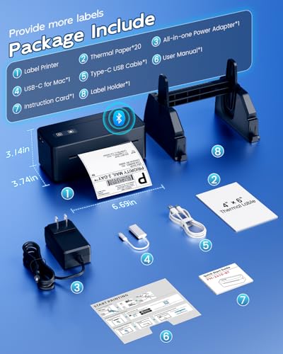 Bluetooth Shipping Label Printer 4x6 with Label Holder, Black