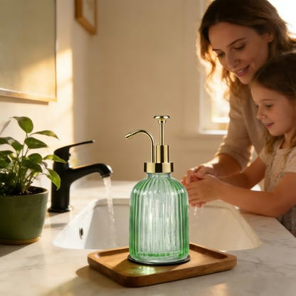 SheeChung 12oz Green Glass Liquid Soap Dispenser, Gold Pump, Striped,1 Pack - color: Green, Gold Pump, 1pc