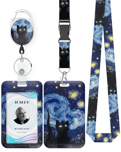 Uniclife Fashionable Sliding Badge Holder Starry Night & Black Cat Plastic Card Holder with Retractable Badge Reel Carabiner Detachable Lanyard Vertical Card Protector for Office Worker - color: Starry Night & Black Cat
