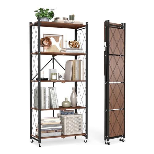 black leopard 5-Tier Foldable Shelf with Wheels, Wood-Grain Steel Shelves