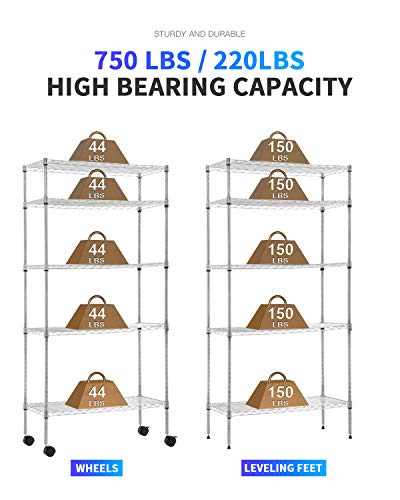 BestOffice | 5-Tier Wire Shelf with Wheels | 14" x 30" x 60" | Chrome - color: Chrome, size: 14L x 30W x 60H
