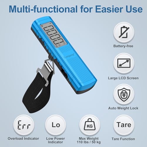 Battery-Free Digital Luggage Scale, 110lbs/50kg Portable Handheld Hanging Scale for Luggages, Suitcases, Backpacks & Bags, Easy Weighing for Travel, No Need Batteries (Blue) - color: Blue