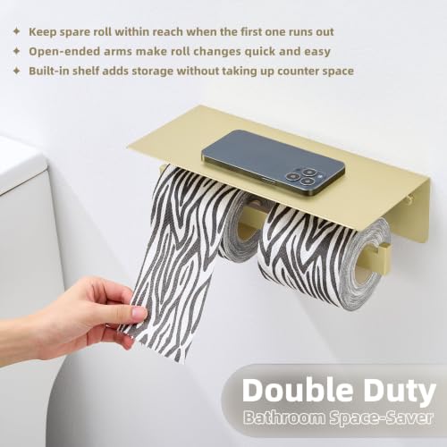 APLusee Brushed Gold Double Toilet Paper Holder with Shelf, 304 Stainless Steel Wall Mount Tissue Roll Holder for Bathroom - color: Brushed Gold, size: Double Rod