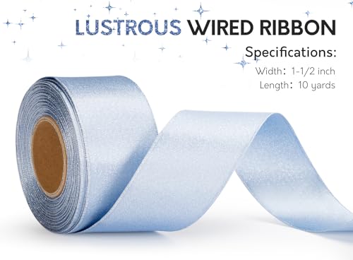 Keypan Light Blue Satin Ribbon Wired Silver Glitter 1-1/2 Inch x 10 Yards - color: Glitter Light Blue, size: 1-1/2"