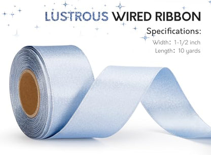 Keypan Light Blue Satin Ribbon Wired Silver Glitter 1-1/2 Inch x 10 Yards - color: Glitter Light Blue, size: 1-1/2"