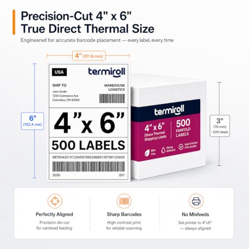 4x6 Thermal Labels 500 Fanfold - Rollo Zebra MUNBYN, Strong Adhesive - size: 4x6 - 1 Stack | 500 Labels