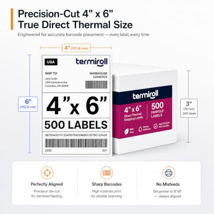 4x6 Thermal Labels 500 Fanfold - Rollo Zebra MUNBYN, Strong Adhesive - size: 4x6 - 1 Stack | 500 Labels