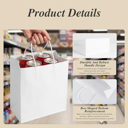 DEWJDFSC 25Pcs White Paper Gift Bags with Handles Bulk Medium 8.3x4.3x10.5 Inch White Kraft Paper Bags for Gifts, Festival, Shopping, Retail, Party - color: White