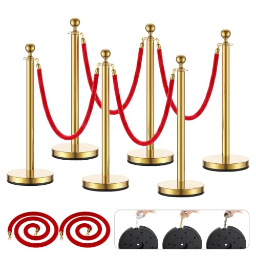 CAMMOO 6 Pack Gold Stanchions and Velvet Ropes