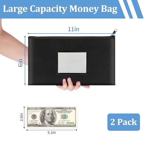 2 Pack PU Leather Bank Money Bags with Zipper & Label, Navy Blue, Black - color: Black