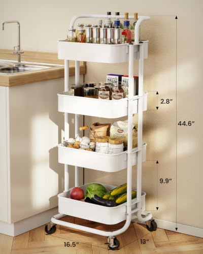 Pipishell Metal 4 Tier Rolling Cart with Handle & 2 Lockable Wheels, White - color: White, size: 4-Tier