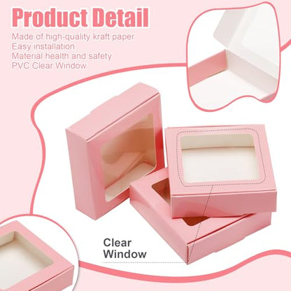 Zonon 30 Pcs Kraft Paper Boxes with Window 4.13 x 4.13 x 1.18inch (Pink) - color: Pink