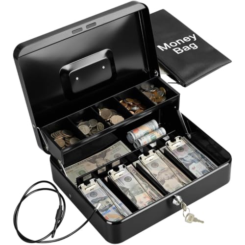 KYODOLED Metal Cash Box with Key Lock, Anti-Theft Cable & Waterproof Pouch - color: Black-Cable