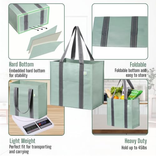 VENO 2/4 Pack Compact Reusable Grocery Shopping Bags with Hard Bottom - color: Light Green