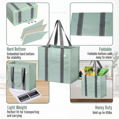 VENO 2/4 Pack Compact Reusable Grocery Shopping Bags with Hard Bottom - color: Light Green