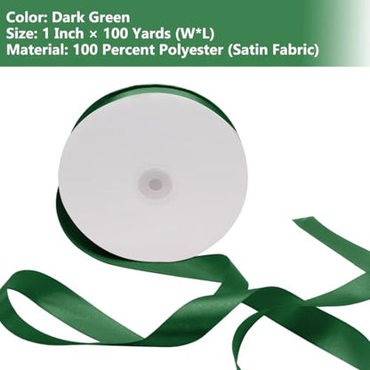 Dark Green Satin Ribbon 1 Inch 100 Yards, for Wedding Gift Wrapping - color: Dark Green
