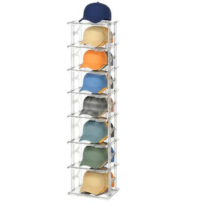 8 Tier Clear Hat Organizer Box with Drawer, Stackable Baseball Cap Display Storage Case with Sliding Tray & Magnetic Door, Large Hat Display Rack Holder, Each Fits Up to 24 Caps