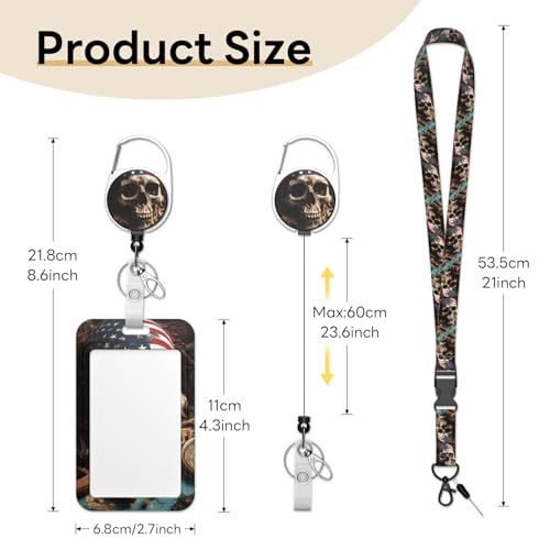 Retractable Badge Holder with Detachable Lanyard, American Skull - color: American Skull