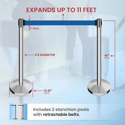 Crowd Control Warehouse 2 Retractable Belt Stanchion Barriers, 11 Ft Blue - color: Blue Belt with Polished Stainless Steel Post