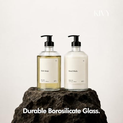 KIVY Glass Soap Dispenser Set 2X 16oz - incl. Waterproof Labels - with Pump - color: Glass