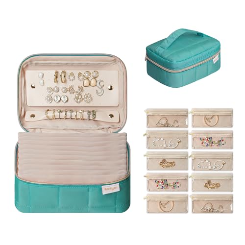 KarSyon Travel Jewelry Case Organizer Boxes with 10 Velvet Zipper Pouches - color: Teal, size: Large