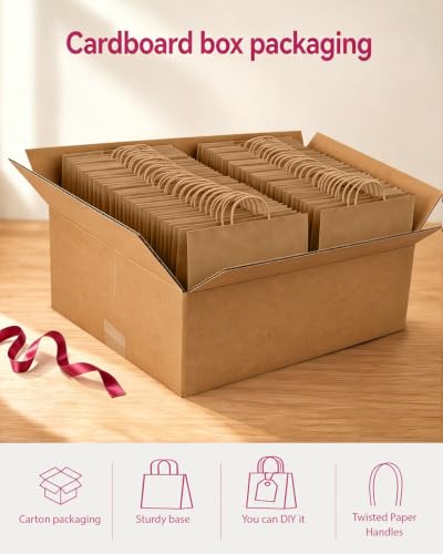 qiqee 13"x4.5"x10" Large Gift Bag with Handles Bulk 100PCS Gift Paper Bags Brown Bags Multiple Uses (Wide Large) - size: Wide Large - 100 Packs