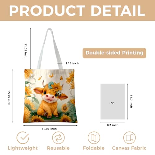 Cute Canvas Tote Bag for Women, Book Totebag with Zipper Pocket - color: Highland Cow