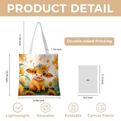 Cute Canvas Tote Bag for Women, Book Totebag with Zipper Pocket - color: Highland Cow
