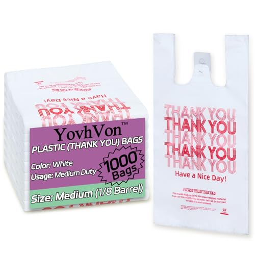 YovhVon Medium Size 1000 Count Plastic Bags with Handles, T-Shirt Bag, Thank You bags, Shopping Bag, Grocery bag, |for Store, Carry, Pack, Retail|, White, 1/8 Barrel, 10"x5"x18"