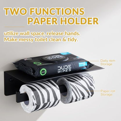 APLusee Matte Black Double Toilet Paper Holder with Shelf, Wall Mounted - color: Matte Black, size: Double Rod