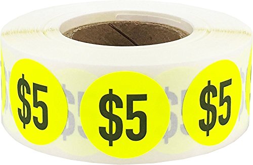 $5 Price Stickers Fluorescent Yellow .75 Inch Round Circle Dots 500 Total Adhesive Stickers - color: $5