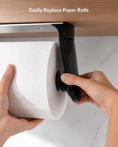 simpletome ONE Hand Tear Paper Towel Holder Under Cabinet Adhesive or Drilling Installation Aluminum Alloy + ABS (Black) - color: Black