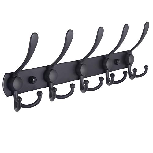 Dseap Coat Rack Wall Mounted - 5 Tri Hooks, Heavy Duty, Stainless Steel, Metal Coat Hook Rail for Coat Hat Towel Purse Robes Mudroom Bathroom Entryway,Black - color: Black, size: L=16" (1 Pcs)