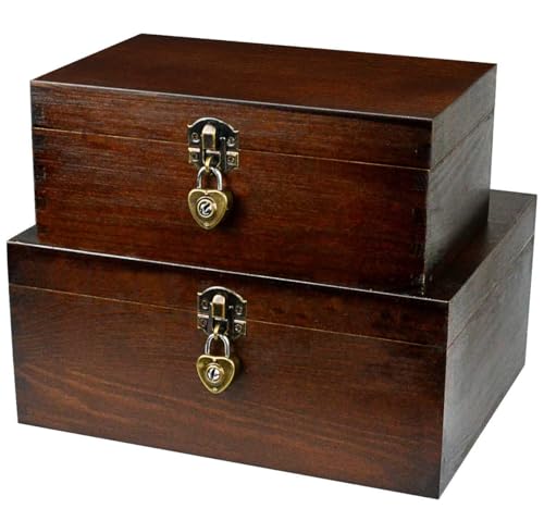 Wood Keepsake Boxes with Lock and Keys Handcrafted Decorative Wooden Storage Case Cabinet Container Hinged Lid Country Rustic Style Organizer for Trinkets Gift Card Collection Coffee Color 2 Pack - color: Deep Coffee Color Large + Small, size: Lock & Keys