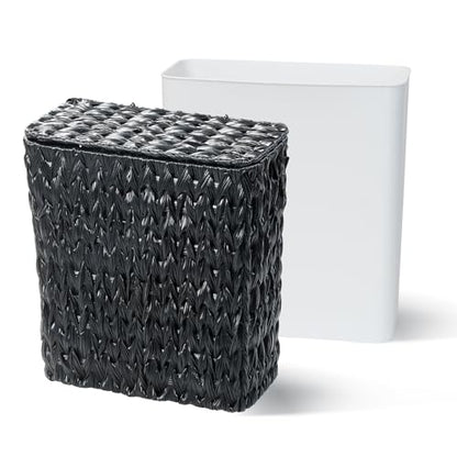 Wicker Trash Can with Lid & Liner, Small Bathroom Waste Basket, Black - color: black